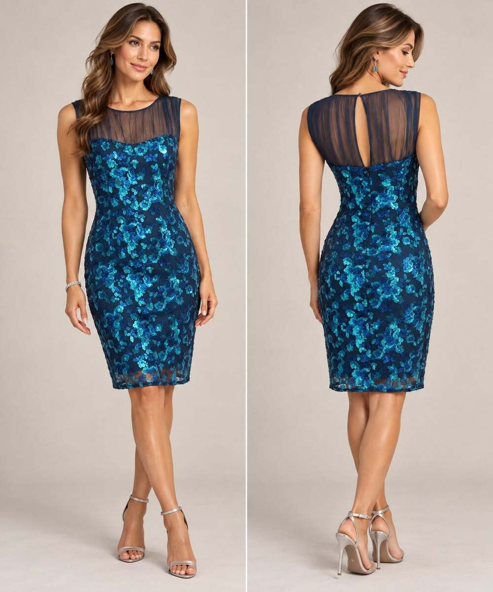 Belle Badgley Mischka Dress 8 Blue Sequin Mesh Sheath Cocktail NWT $219